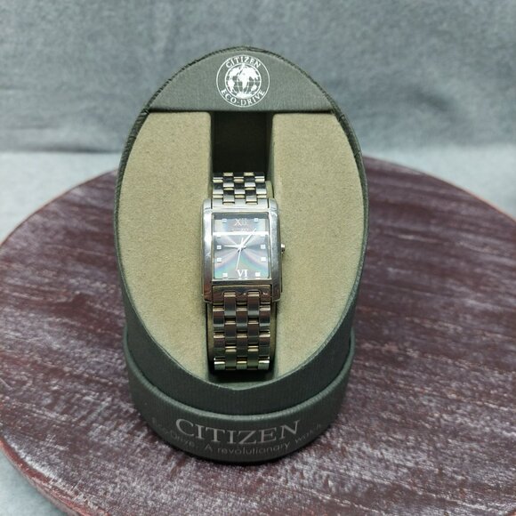 Citizen Eco-Drive Mens Stainless Steel Watch With Rectangular Black Dial READ - Picture 1 of 13